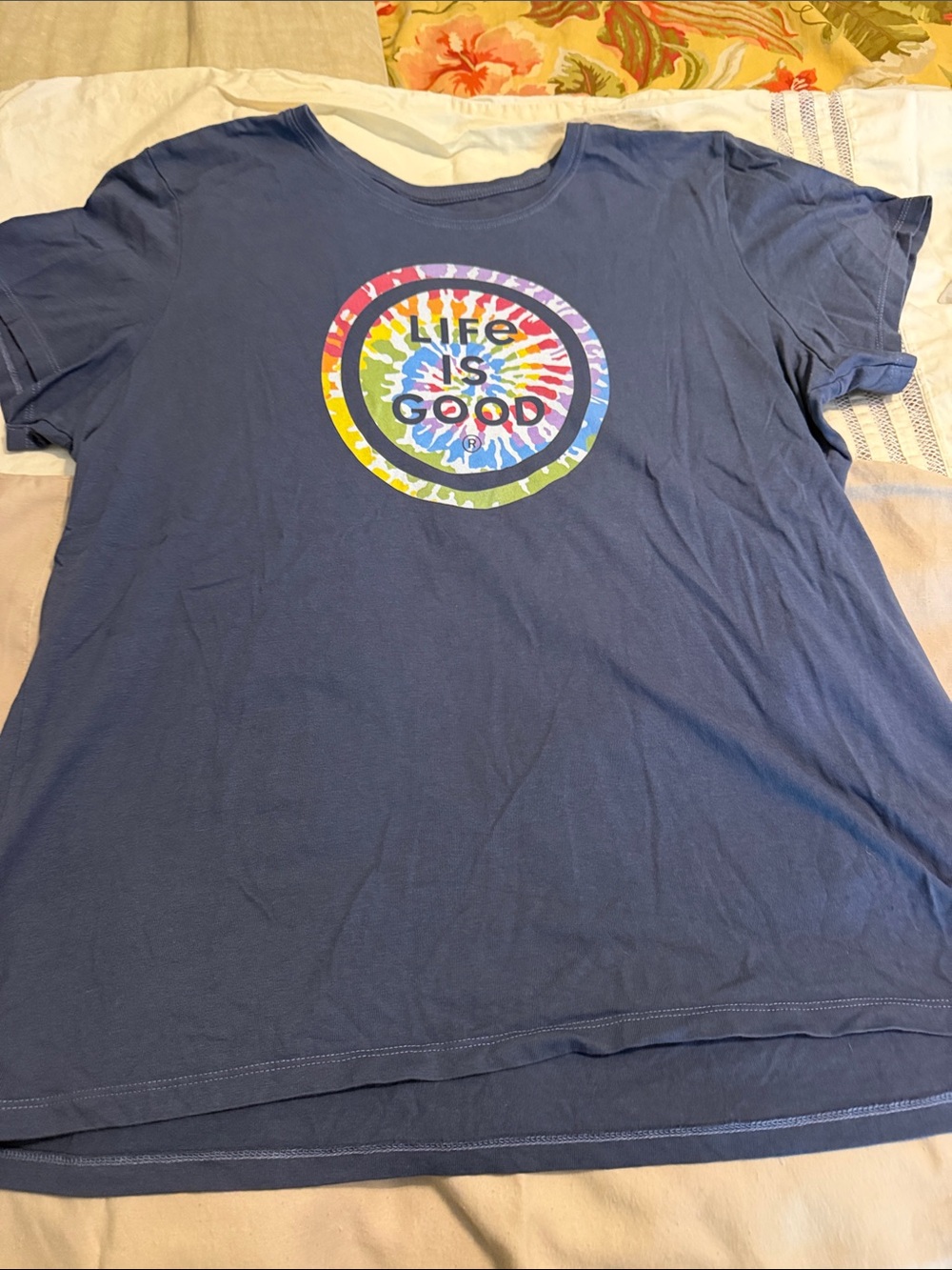 Life Is Good Blue Women’s Short Sleeve Tee with Rainbow Tie‑Dye Logo